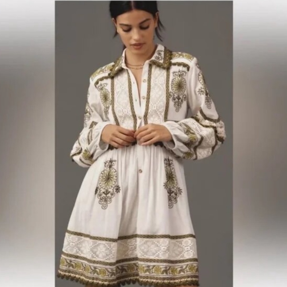 Anthropologie Maeve White & Olive Embroidery Shirt Dress